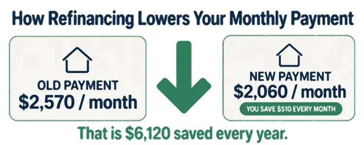 how refinancing lowers monthly payment old 2570 new 2060 save 510 every month 6120 every year